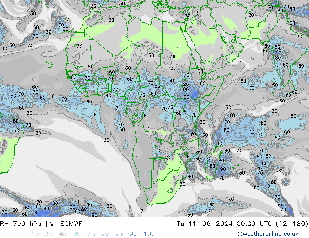 RH 700 hPa ECMWF Tu 11.06.2024 00 UTC