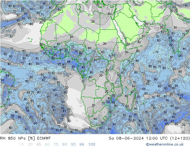 RH 850 hPa ECMWF Sa 08.06.2024 12 UTC