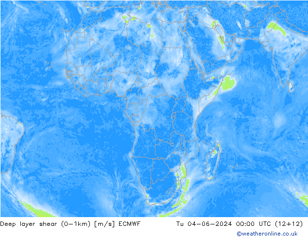 Deep layer shear (0-1km) ECMWF mar 04.06.2024 00 UTC