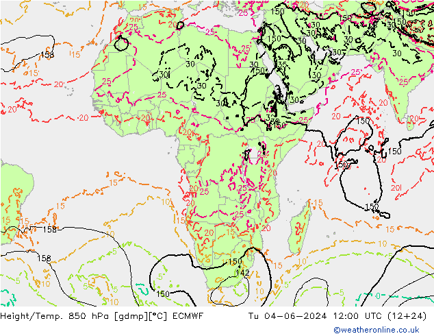 Height/Temp. 850 hPa ECMWF Tu 04.06.2024 12 UTC