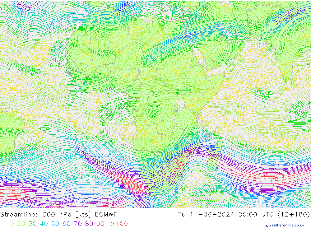 Streamlines 300 hPa ECMWF Tu 11.06.2024 00 UTC