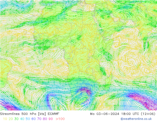 Linea di flusso 500 hPa ECMWF lun 03.06.2024 18 UTC