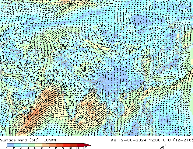 Vent 10 m (bft) ECMWF mer 12.06.2024 12 UTC