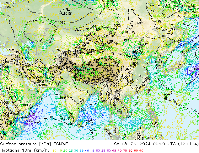 Isotachs (kph) ECMWF  08.06.2024 06 UTC