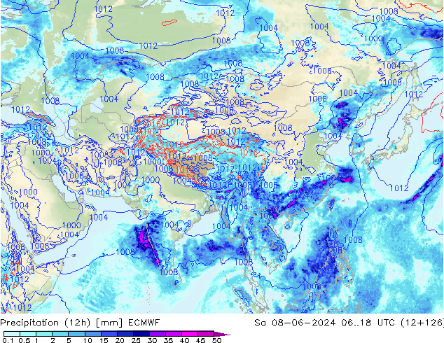 Precipitation (12h) ECMWF Sa 08.06.2024 18 UTC