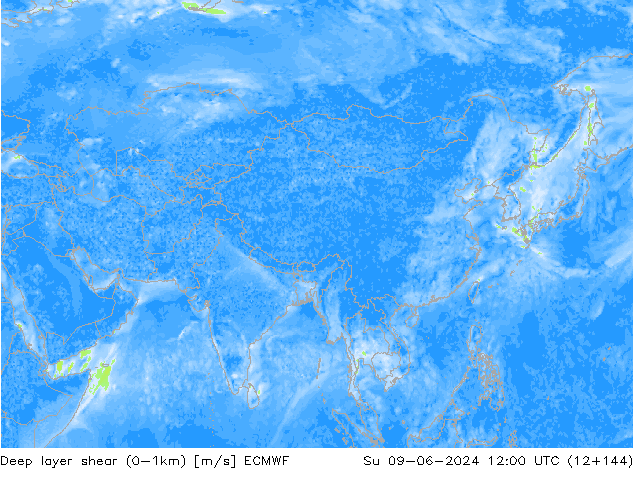 Deep layer shear (0-1km) ECMWF Su 09.06.2024 12 UTC