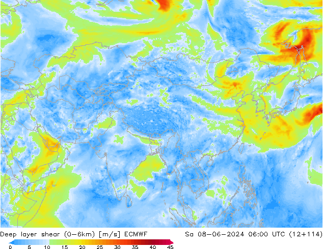 Deep layer shear (0-6km) ECMWF sam 08.06.2024 06 UTC