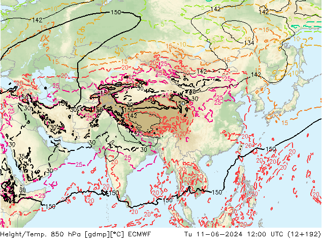 Z500/Rain (+SLP)/Z850 ECMWF Út 11.06.2024 12 UTC