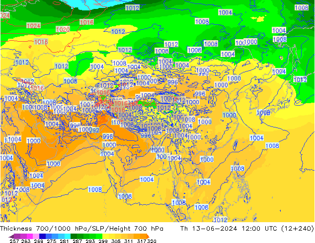 Thck 700-1000 hPa ECMWF gio 13.06.2024 12 UTC