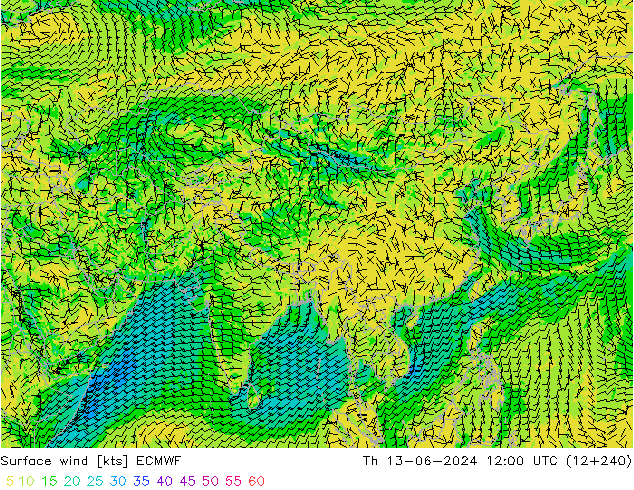 Viento 10 m ECMWF jue 13.06.2024 12 UTC