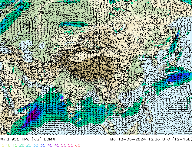 Vento 950 hPa ECMWF lun 10.06.2024 12 UTC