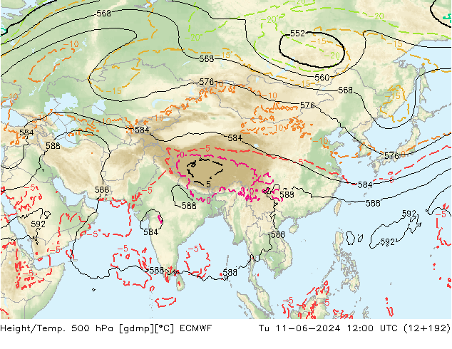 Z500/Rain (+SLP)/Z850 ECMWF Út 11.06.2024 12 UTC