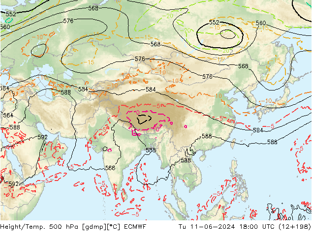 Z500/Rain (+SLP)/Z850 ECMWF Tu 11.06.2024 18 UTC