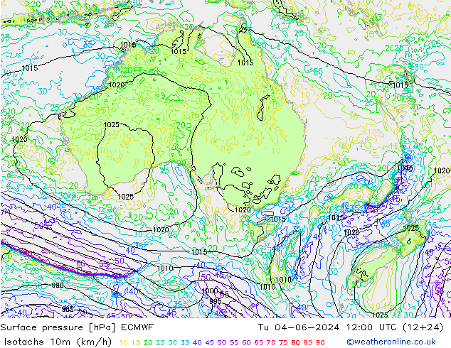 Isotachs (kph) ECMWF вт 04.06.2024 12 UTC