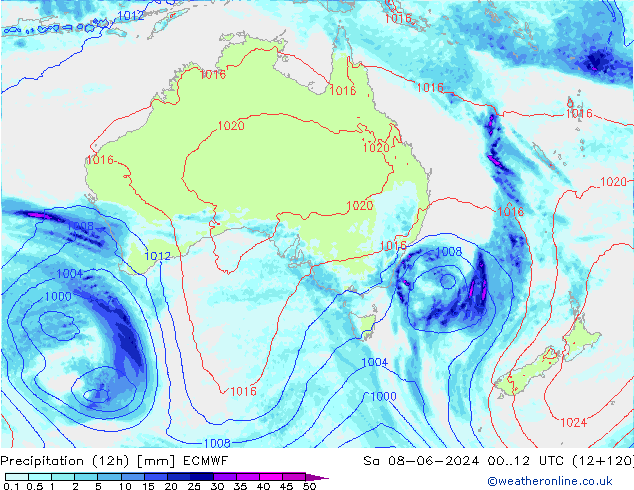 Totale neerslag (12h) ECMWF za 08.06.2024 12 UTC