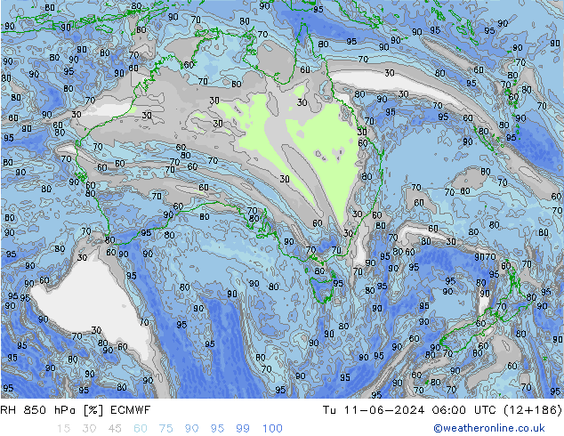 RH 850 hPa ECMWF wto. 11.06.2024 06 UTC