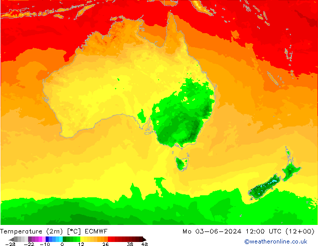 Temperaturkarte (2m) ECMWF Mo 03.06.2024 12 UTC