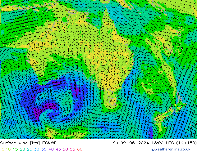 Wind 10 m ECMWF zo 09.06.2024 18 UTC