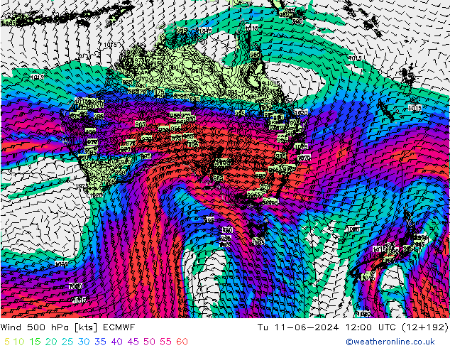 Wind 500 hPa ECMWF Di 11.06.2024 12 UTC