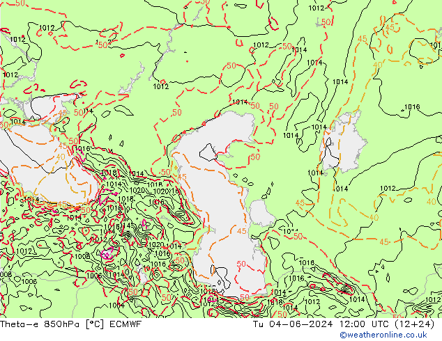 Theta-e 850hPa ECMWF di 04.06.2024 12 UTC