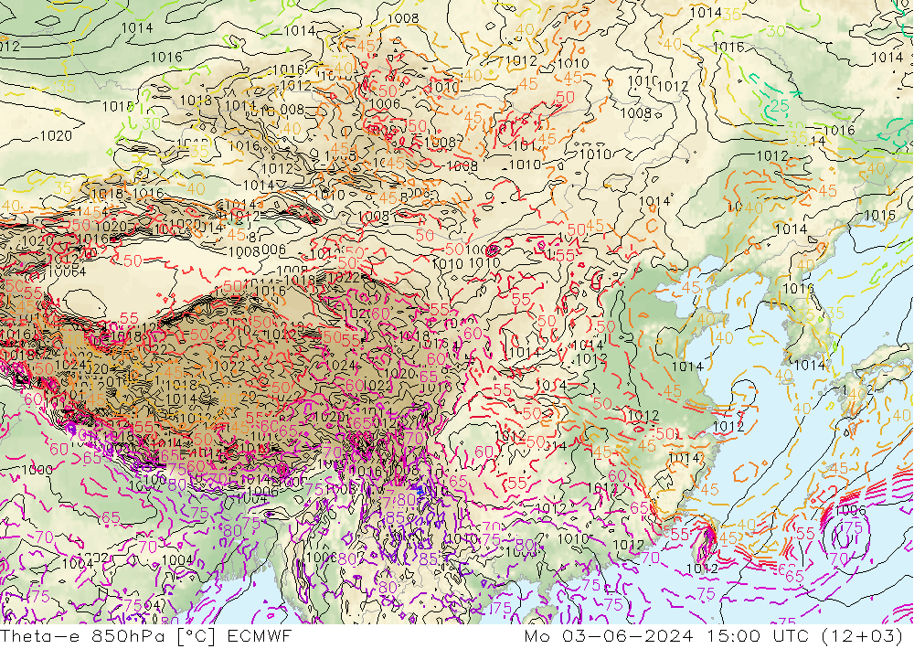 Theta-e 850hPa ECMWF 星期一 03.06.2024 15 UTC