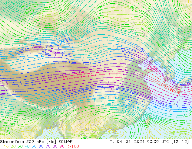 风 200 hPa ECMWF 星期二 04.06.2024 00 UTC