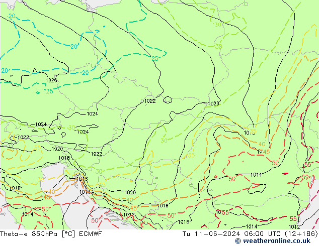 Theta-e 850hPa ECMWF Tu 11.06.2024 06 UTC