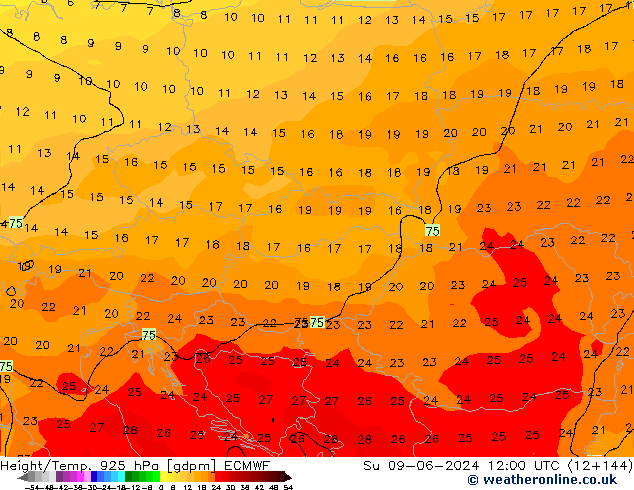 Yükseklik/Sıc. 925 hPa ECMWF Paz 09.06.2024 12 UTC