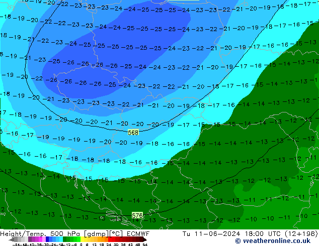 Z500/Rain (+SLP)/Z850 ECMWF Tu 11.06.2024 18 UTC