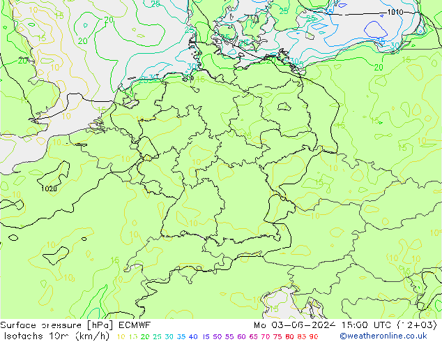 Isotachs (kph) ECMWF Po 03.06.2024 15 UTC