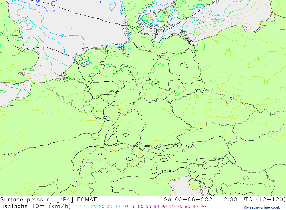 Izotacha (km/godz) ECMWF so. 08.06.2024 12 UTC