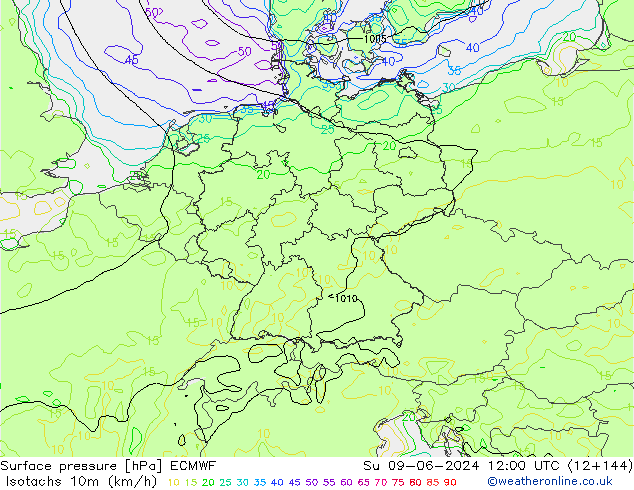 Isotachs (kph) ECMWF Su 09.06.2024 12 UTC