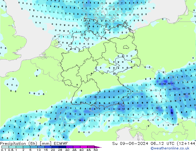 Precipitation (6h) ECMWF Su 09.06.2024 12 UTC