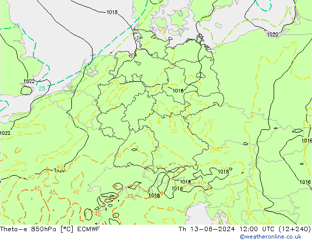 Theta-e 850hPa ECMWF jue 13.06.2024 12 UTC