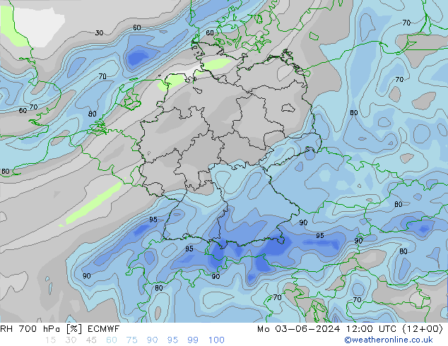 RH 700 hPa ECMWF Seg 03.06.2024 12 UTC