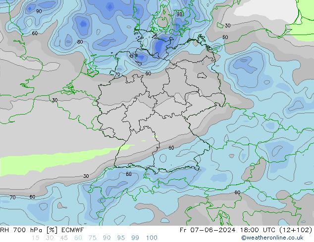 RH 700 hPa ECMWF ven 07.06.2024 18 UTC