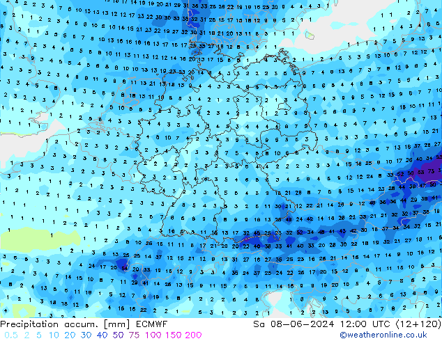 Precipitation accum. ECMWF сб 08.06.2024 12 UTC