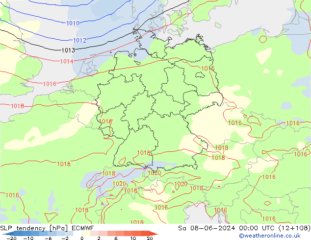 Druktendens (+/-) ECMWF za 08.06.2024 00 UTC