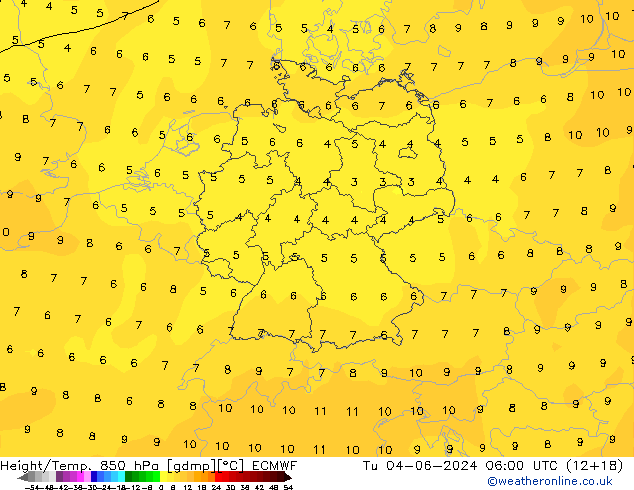 Height/Temp. 850 hPa ECMWF wto. 04.06.2024 06 UTC