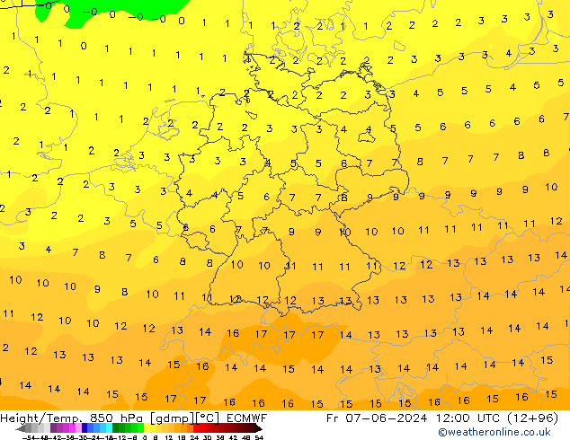 Height/Temp. 850 hPa ECMWF ven 07.06.2024 12 UTC