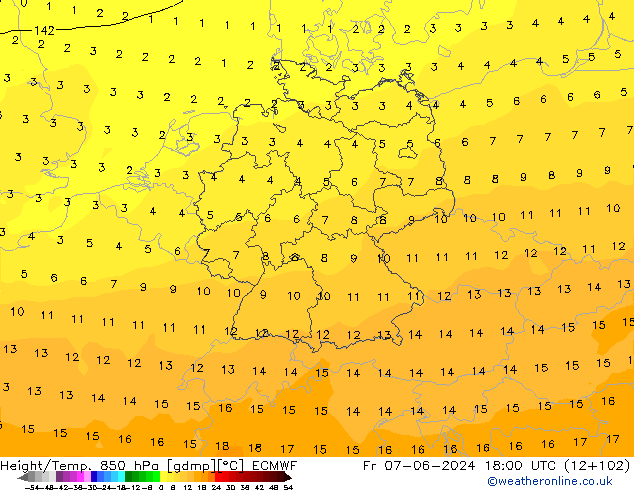 Height/Temp. 850 hPa ECMWF Pá 07.06.2024 18 UTC