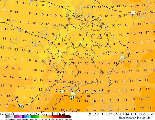 Height/Temp. 925 hPa ECMWF pon. 03.06.2024 18 UTC