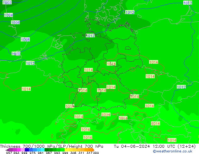 Thck 700-1000 гПа ECMWF вт 04.06.2024 12 UTC