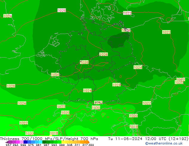 Thck 700-1000 hPa ECMWF Út 11.06.2024 12 UTC