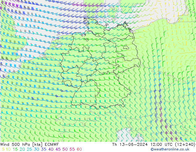 Viento 500 hPa ECMWF jue 13.06.2024 12 UTC