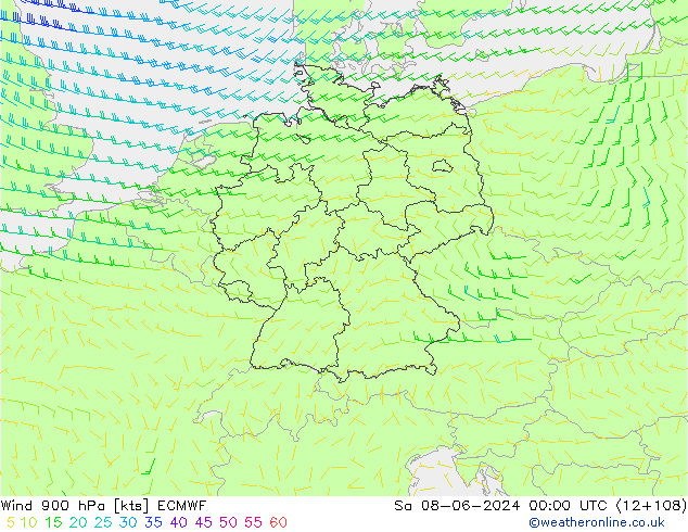 Wind 900 hPa ECMWF za 08.06.2024 00 UTC