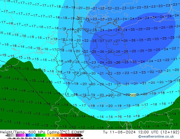 Z500/Rain (+SLP)/Z850 ECMWF Tu 11.06.2024 12 UTC