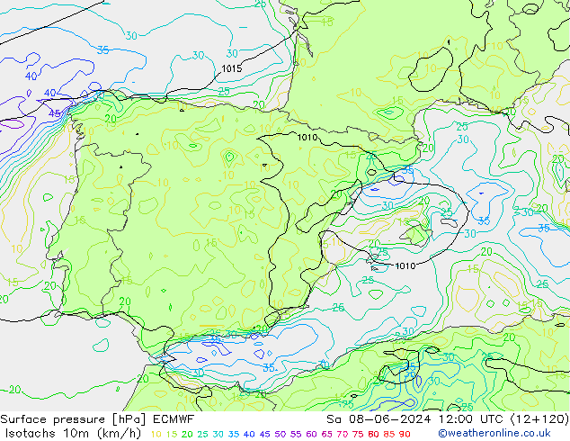 Isotachs (kph) ECMWF So 08.06.2024 12 UTC