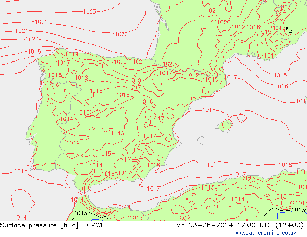 pressão do solo ECMWF Seg 03.06.2024 12 UTC