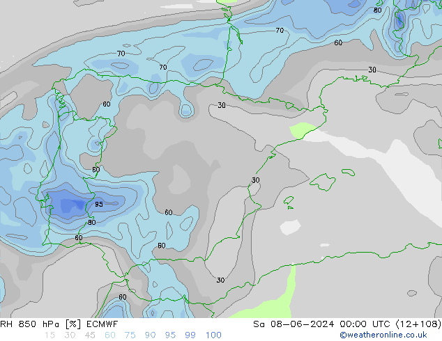 RH 850 hPa ECMWF so. 08.06.2024 00 UTC